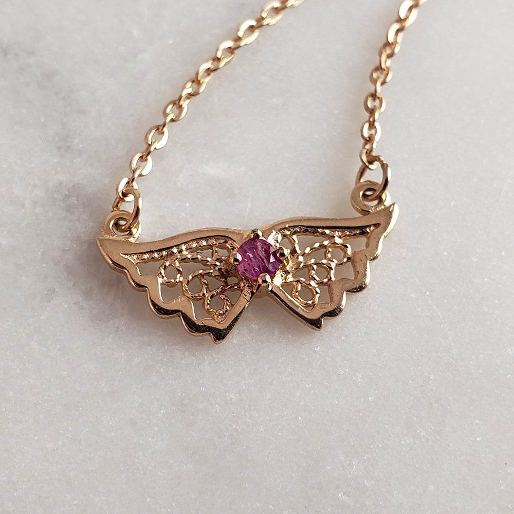 Charm Necklace Collection with Ruby – Angel Wings, Elephant, Cross – Gold over Bronze - TurkishBling
