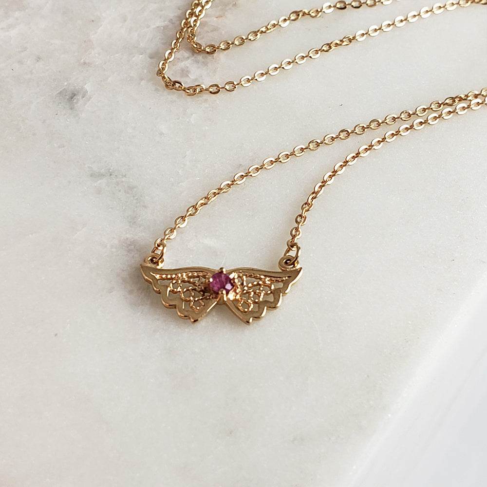 Charm Necklace Collection with Ruby – Angel Wings, Elephant, Cross – Gold over Bronze - TurkishBling
