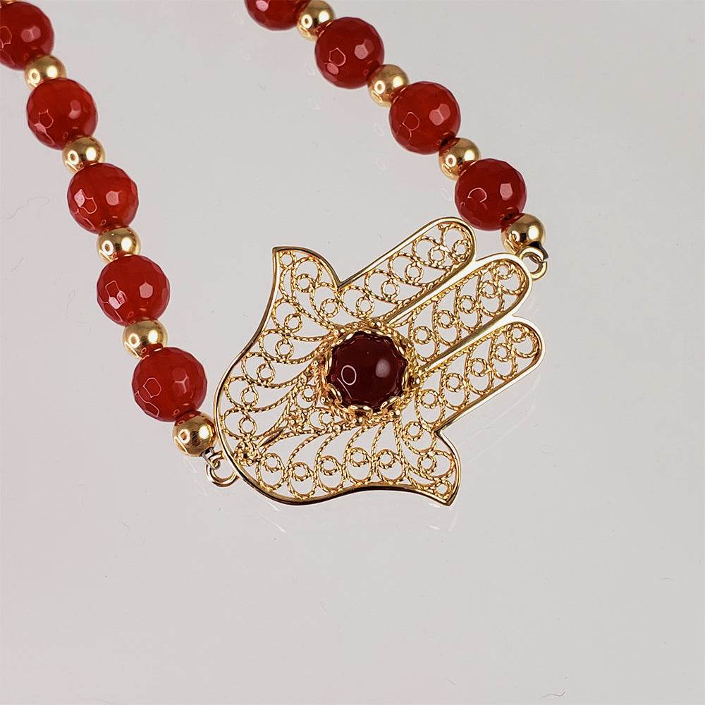 Charming Gold Plated Filigree Carnelian Bead Hamsa Bracelet - TurkishBling