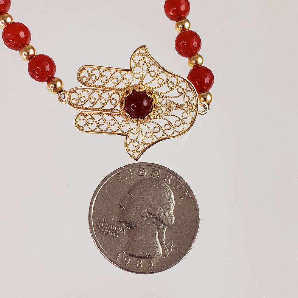 Charming Gold Plated Filigree Carnelian Bead Hamsa Bracelet - TurkishBling