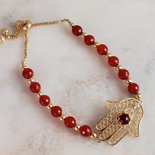 Charming Gold Plated Filigree Carnelian Bead Hamsa Bracelet - TurkishBling
