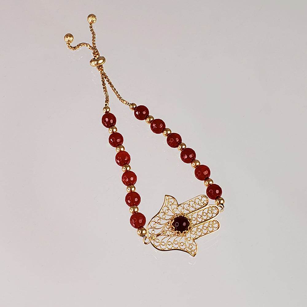 Charming Gold Plated Filigree Carnelian Bead Hamsa Bracelet - TurkishBling