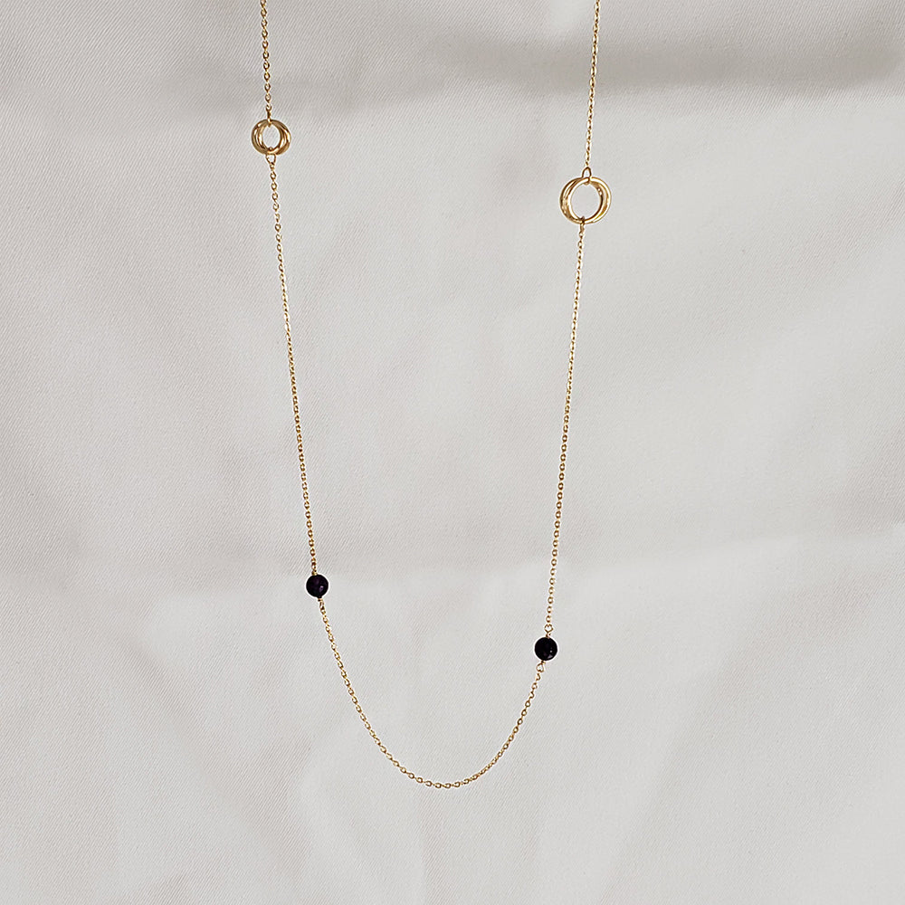 Beaded Station Necklace – 32" Minimalist Design with 6mm Gemstone Beads and Gold Stations