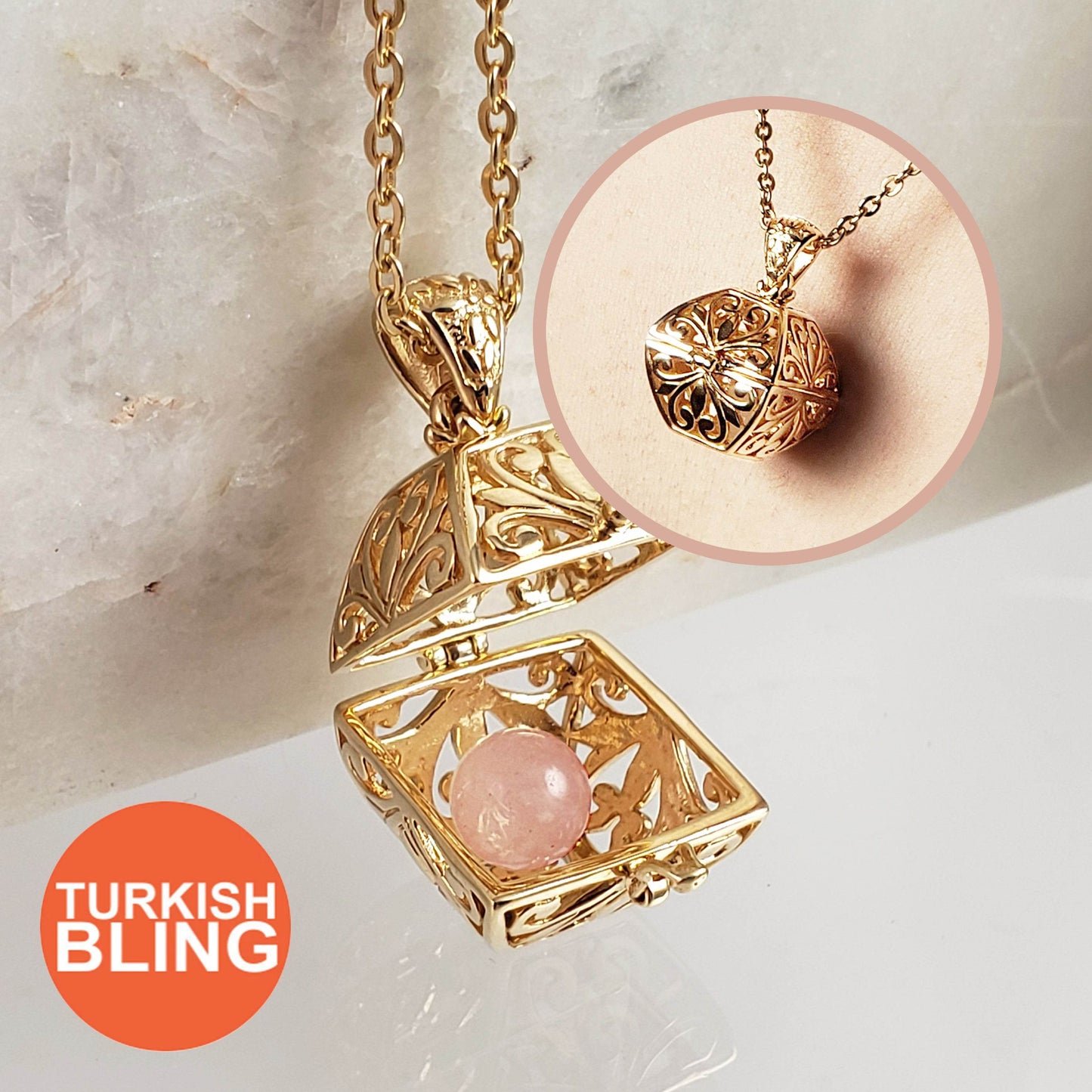 Byzantine Scrollwork 18K Gold Plated 8mm Loose Gemstone Charm Box Pendant - TurkishBling