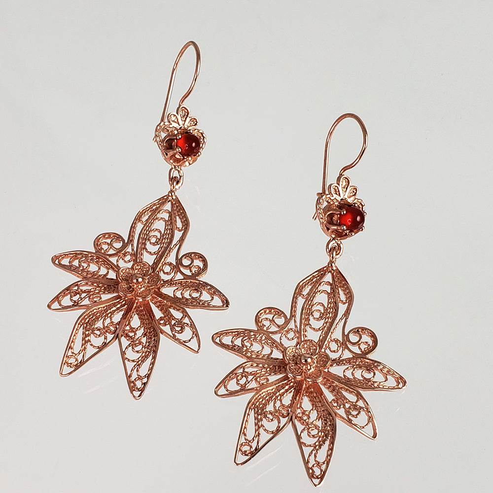 Dangling Carnelian Earrings with Floral Filigree Drop Design - TurkishBling