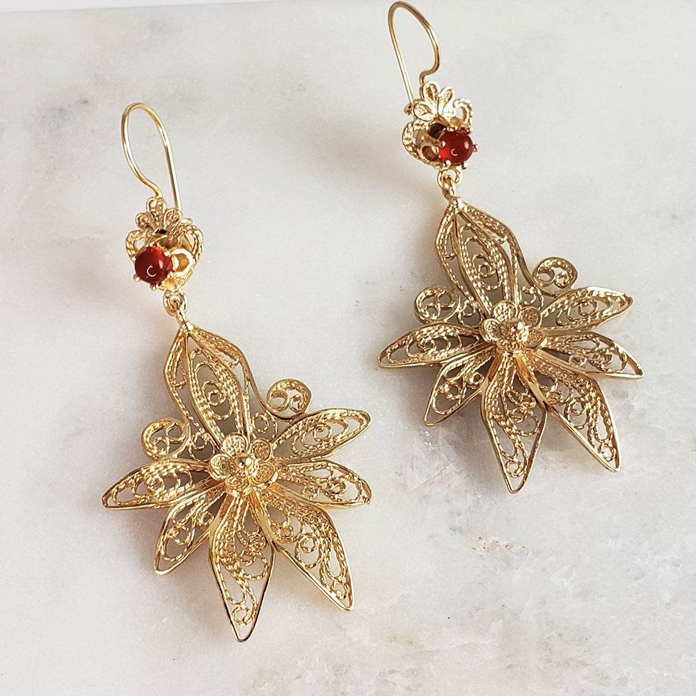 Dangling Carnelian Earrings with Floral Filigree Drop Design - TurkishBling