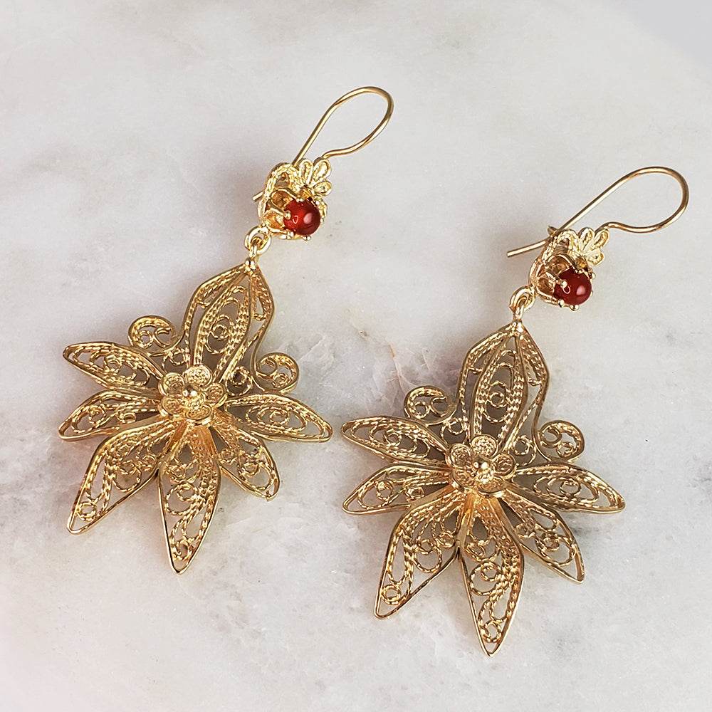 Dangling Carnelian Earrings with Floral Filigree Drop Design - TurkishBling