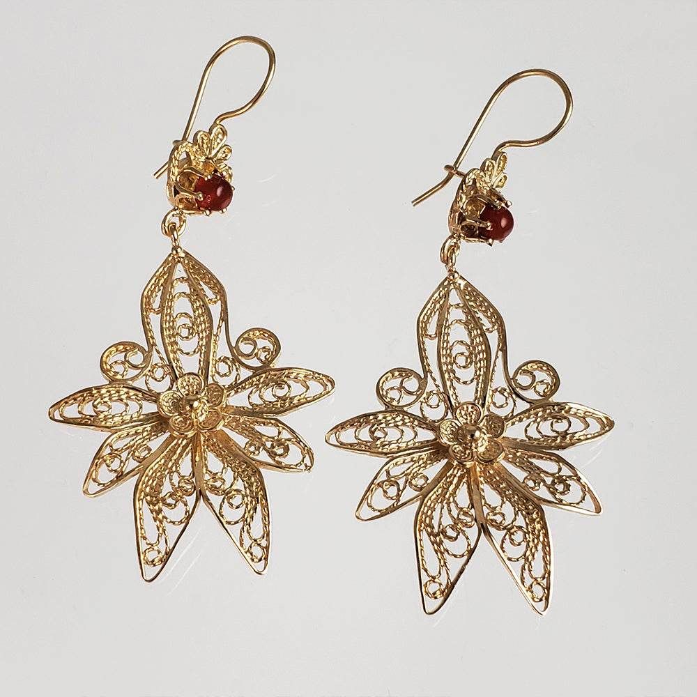 Dangling Carnelian Earrings with Floral Filigree Drop Design - TurkishBling