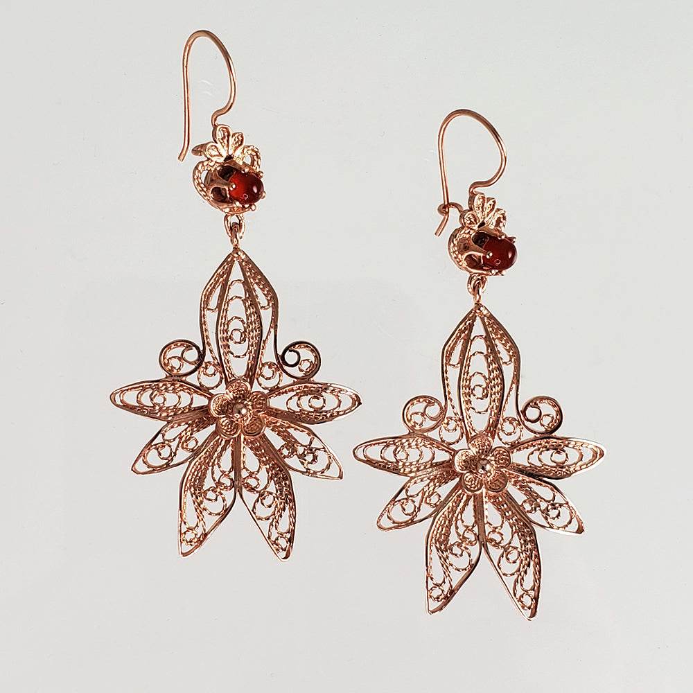 Dangling Carnelian Earrings with Floral Filigree Drop Design - TurkishBling
