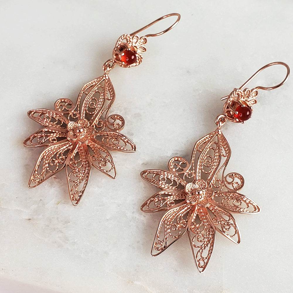 Dangling Carnelian Earrings with Floral Filigree Drop Design - TurkishBling