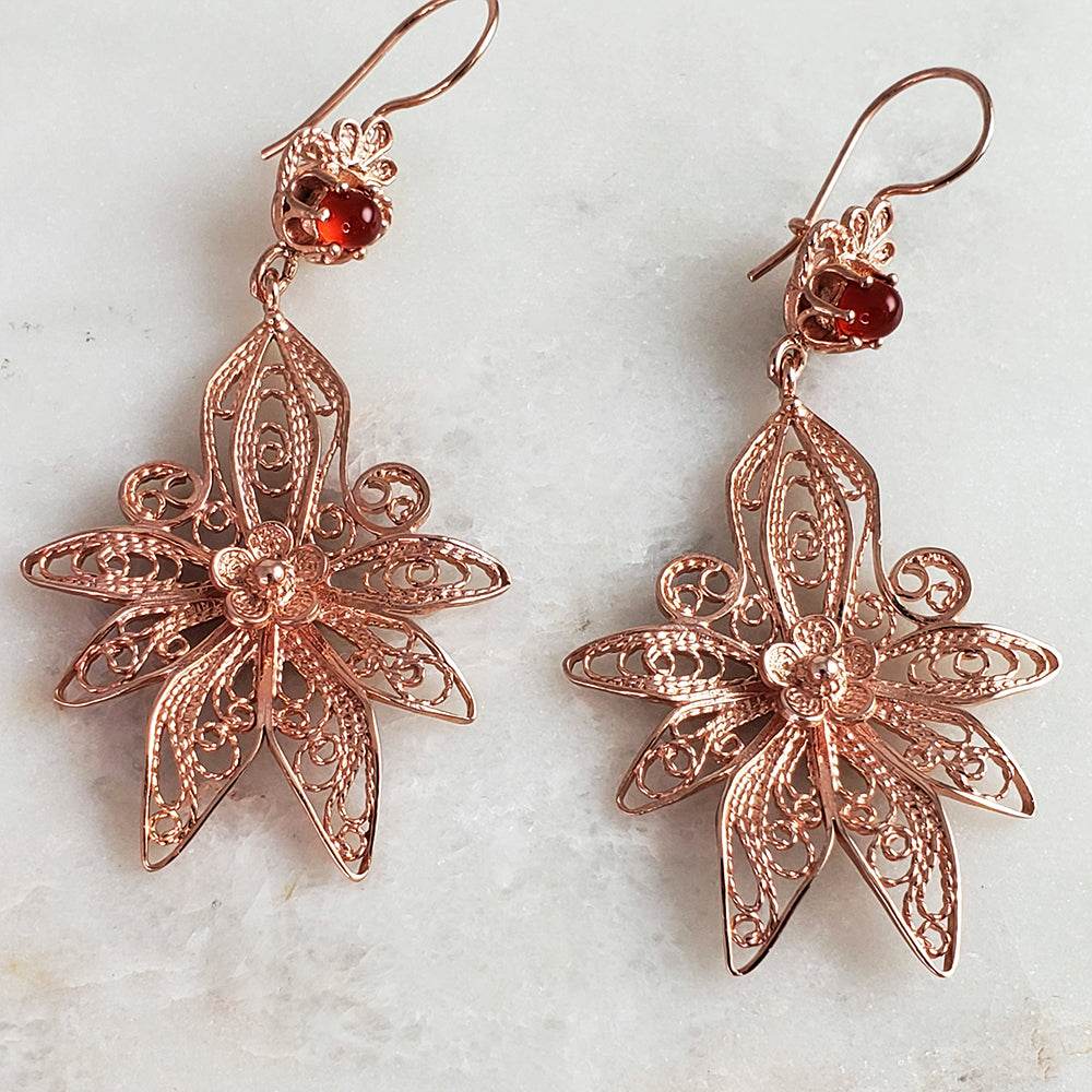 Dangling Carnelian Earrings with Floral Filigree Drop Design - TurkishBling