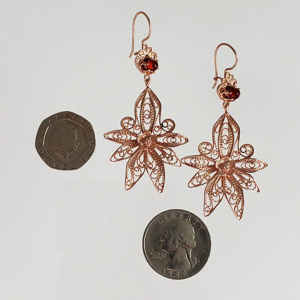 Dangling Carnelian Earrings with Floral Filigree Drop Design - TurkishBling