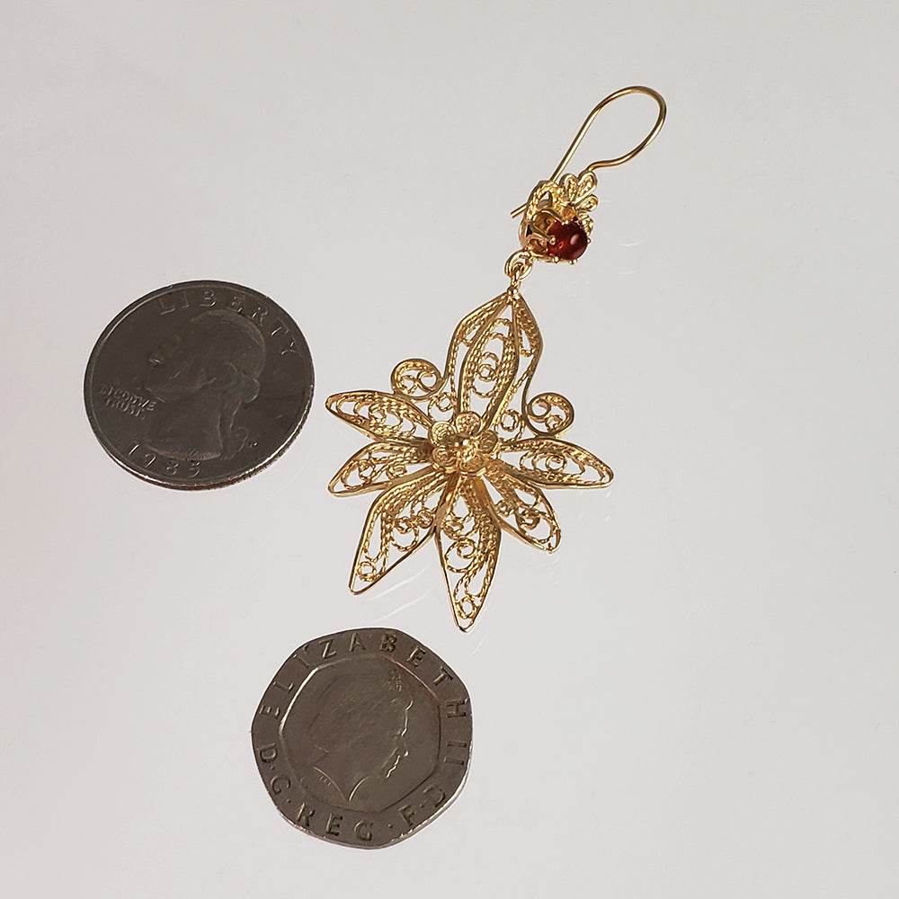 Dangling Carnelian Earrings with Floral Filigree Drop Design - TurkishBling