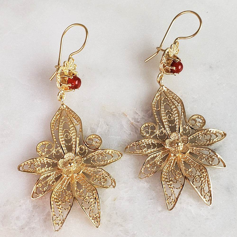 Dangling Carnelian Earrings with Floral Filigree Drop Design - TurkishBling