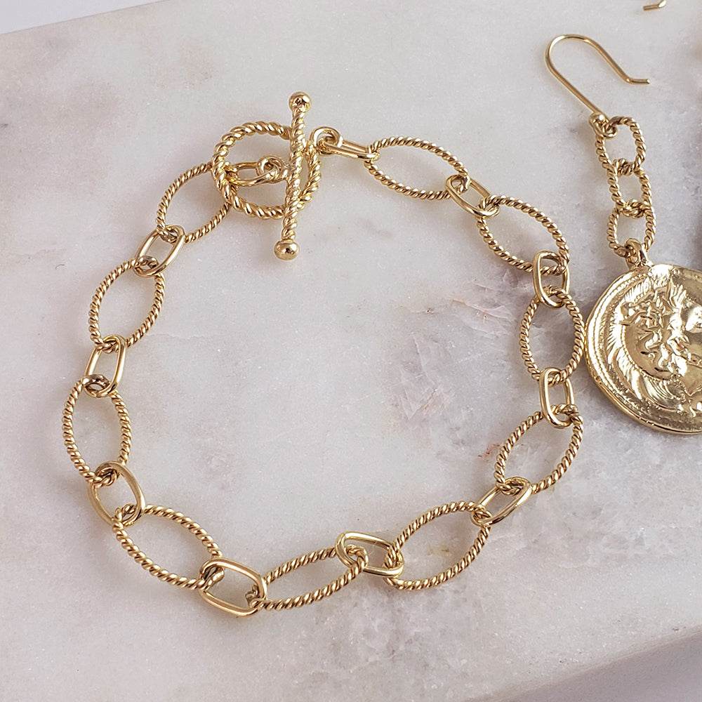 Rope Chain Link Toggle Bracelet with Oval and Round Links - TurkishBling