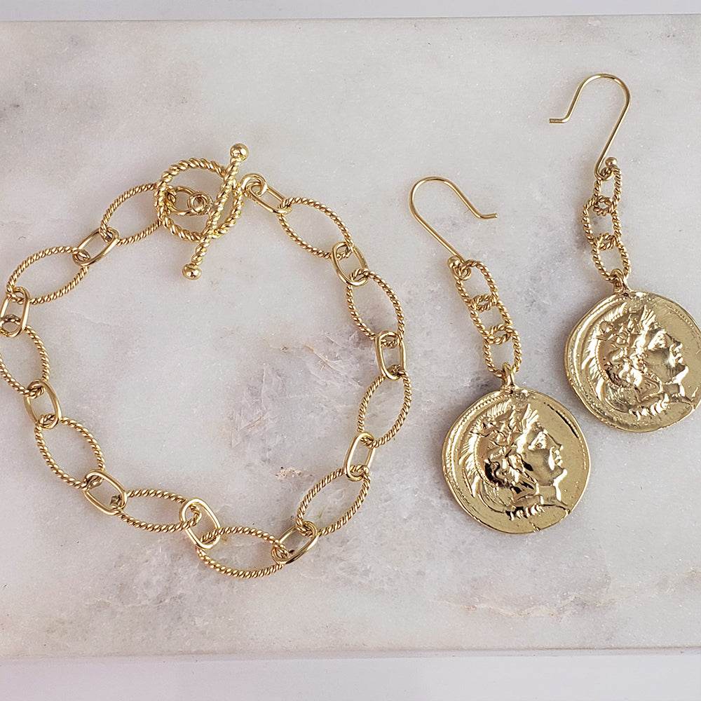 Rope Chain Link Toggle Bracelet with Oval and Round Links - TurkishBling