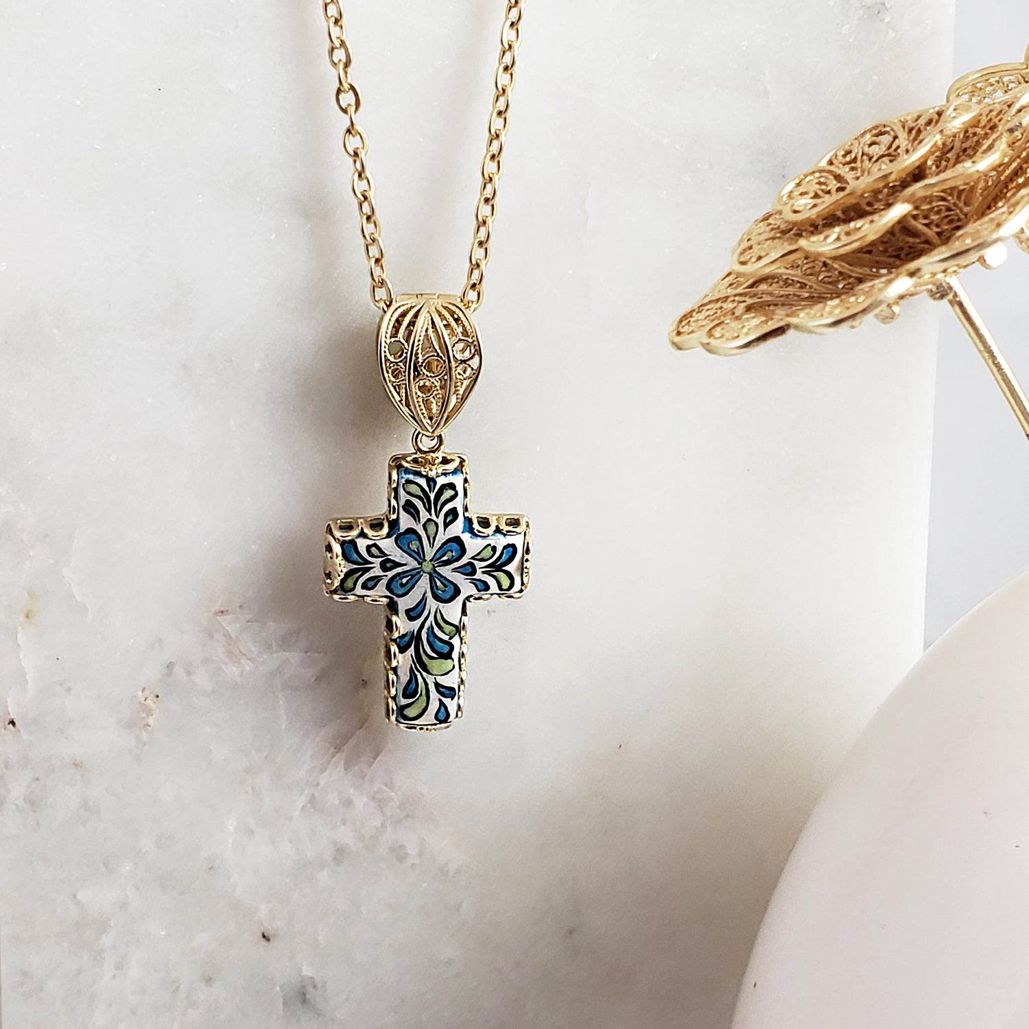 Gold over Sterling Silver Hand Painted Ceramic Cross Enhancer Bail Pendant - TurkishBling