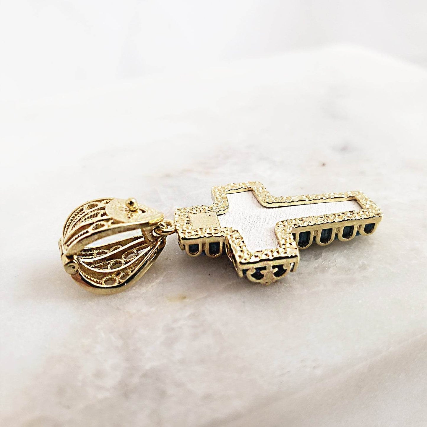 Gold over Sterling Silver Hand Painted Ceramic Cross Enhancer Bail Pendant - TurkishBling