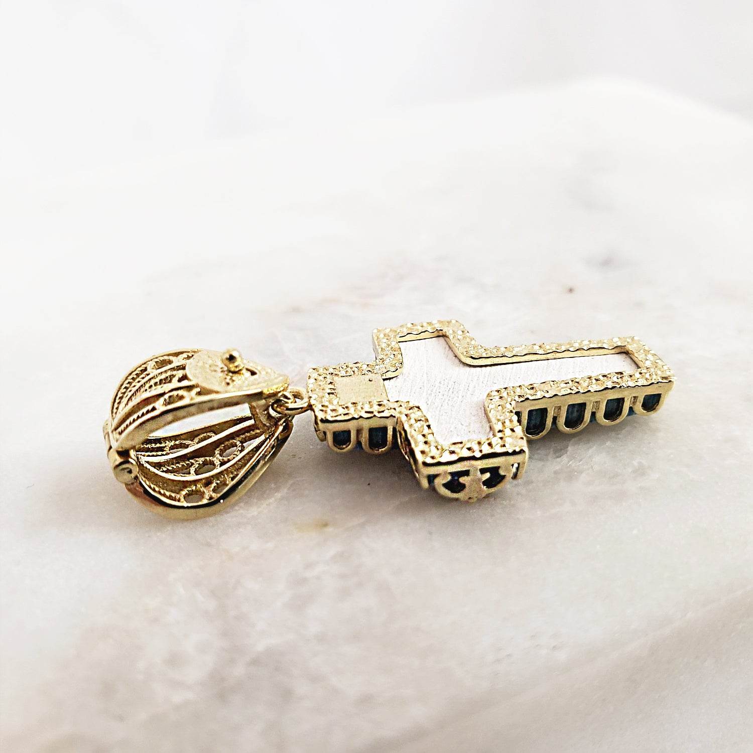 Gold over Sterling Silver Hand Painted Ceramic Cross Enhancer Bail Pendant - TurkishBling