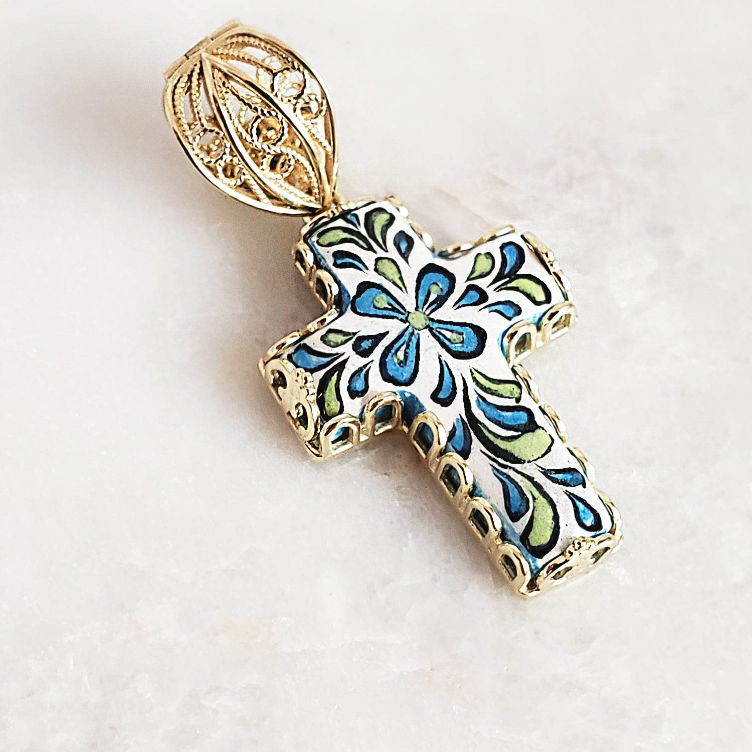 Gold over Sterling Silver Hand Painted Ceramic Cross Enhancer Bail Pendant - TurkishBling