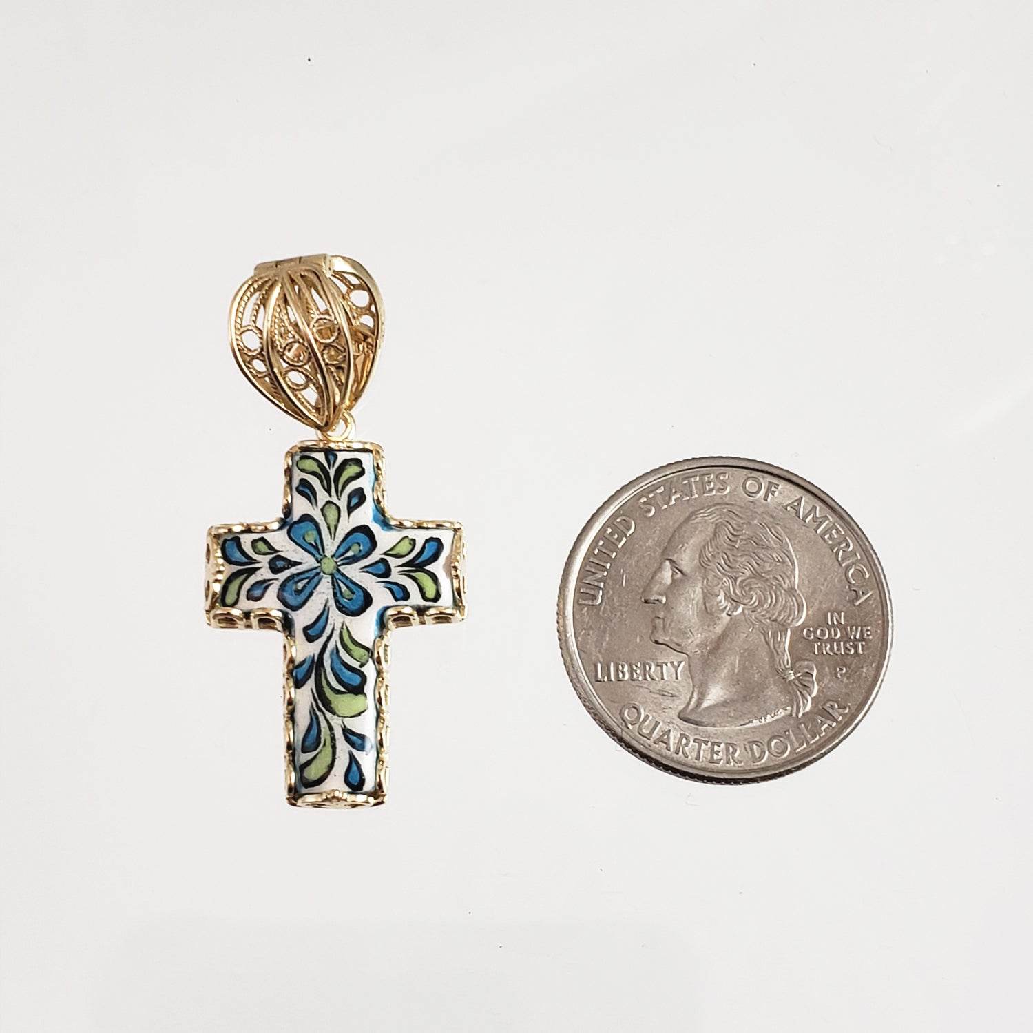 Gold over Sterling Silver Hand Painted Ceramic Cross Enhancer Bail Pendant - TurkishBling