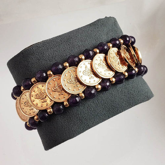 Gorgeous Turkish Coin Gem Statement Gold Bracelet . Lapis Agate Amethyst Blue Red - TurkishBling