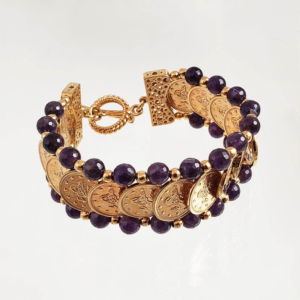 Gorgeous Turkish Coin Gem Statement Gold Bracelet . Lapis Agate Amethyst Blue Red - TurkishBling