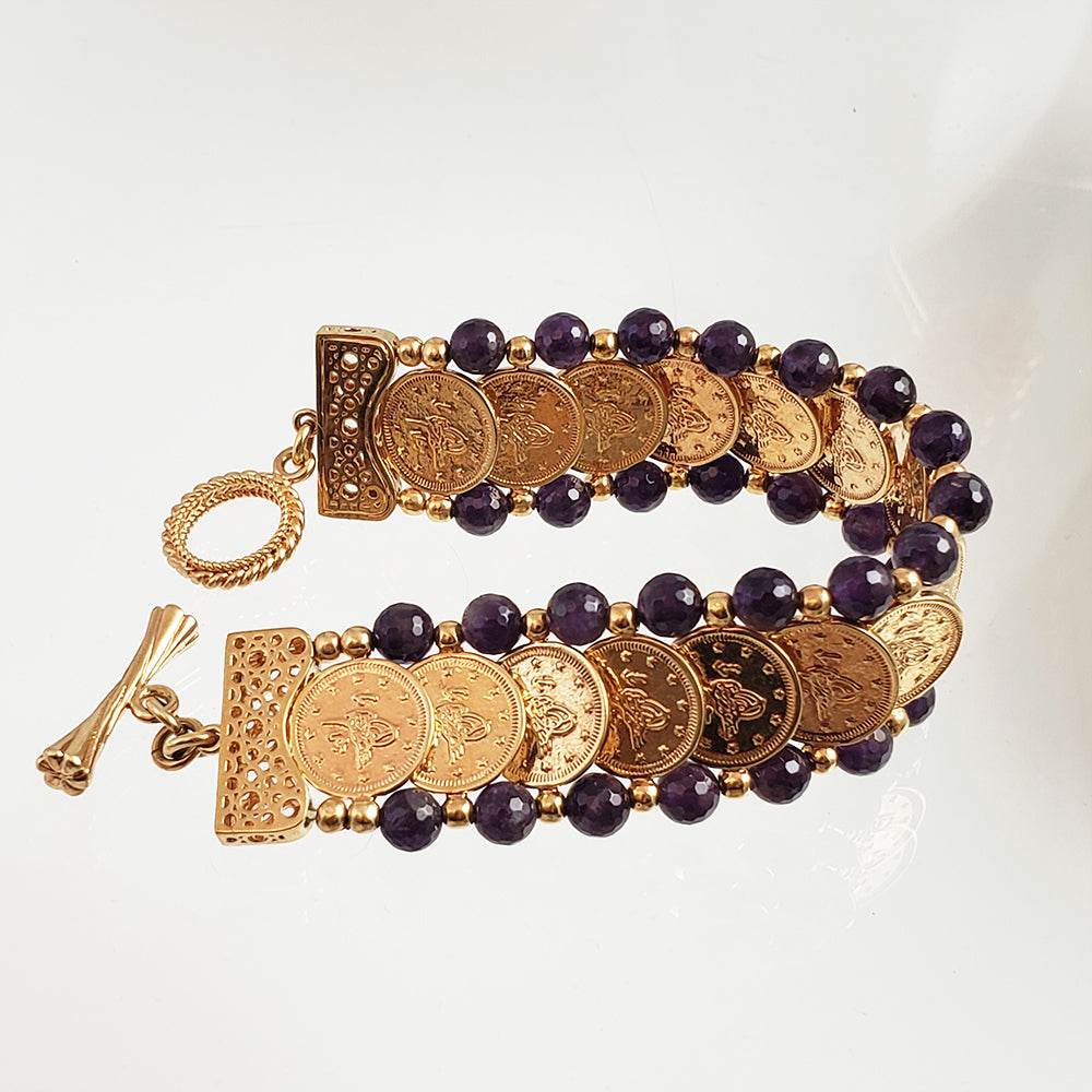 Gorgeous Turkish Coin Gem Statement Gold Bracelet . Lapis Agate Amethyst Blue Red - TurkishBling