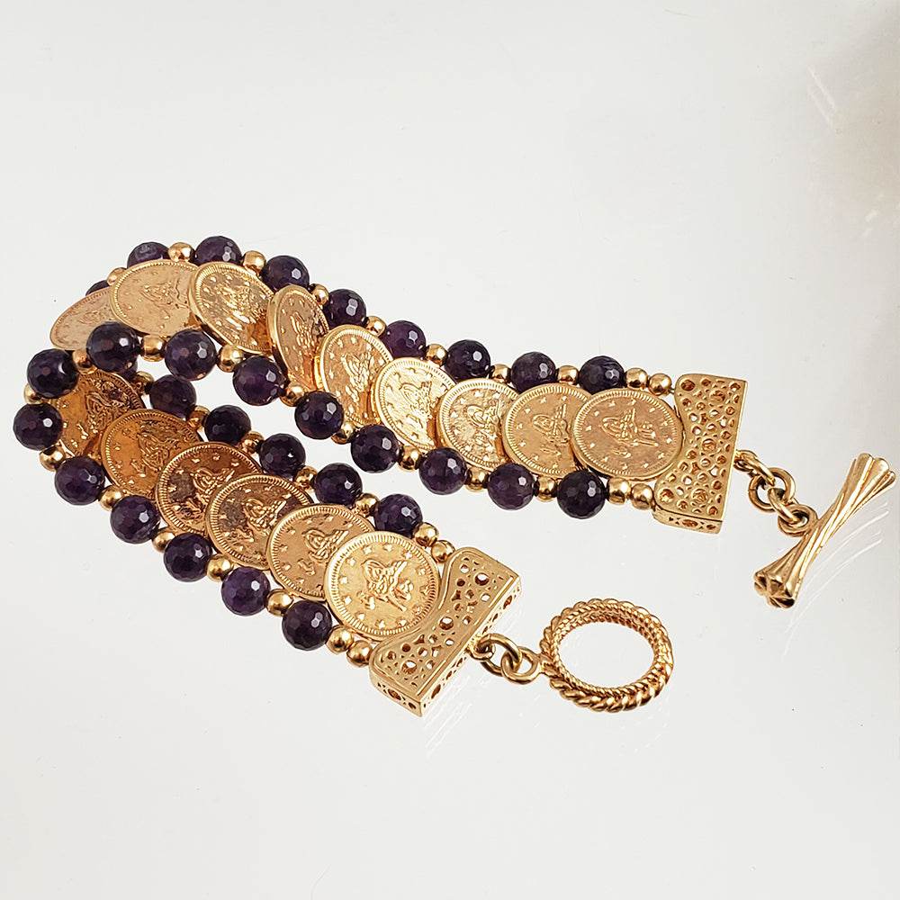 Gorgeous Turkish Coin Gem Statement Gold Bracelet . Lapis Agate Amethyst Blue Red - TurkishBling