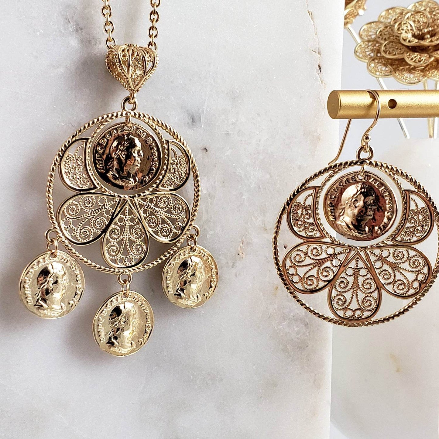 Filigree Coin Medallion Dangle Earrings with Petal Frame - TurkishBling