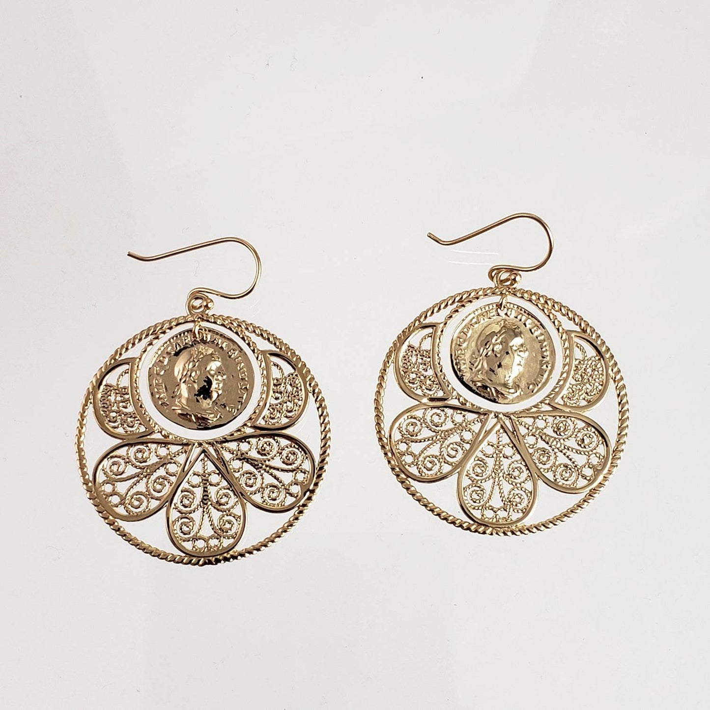 Filigree Coin Medallion Dangle Earrings with Petal Frame - TurkishBling