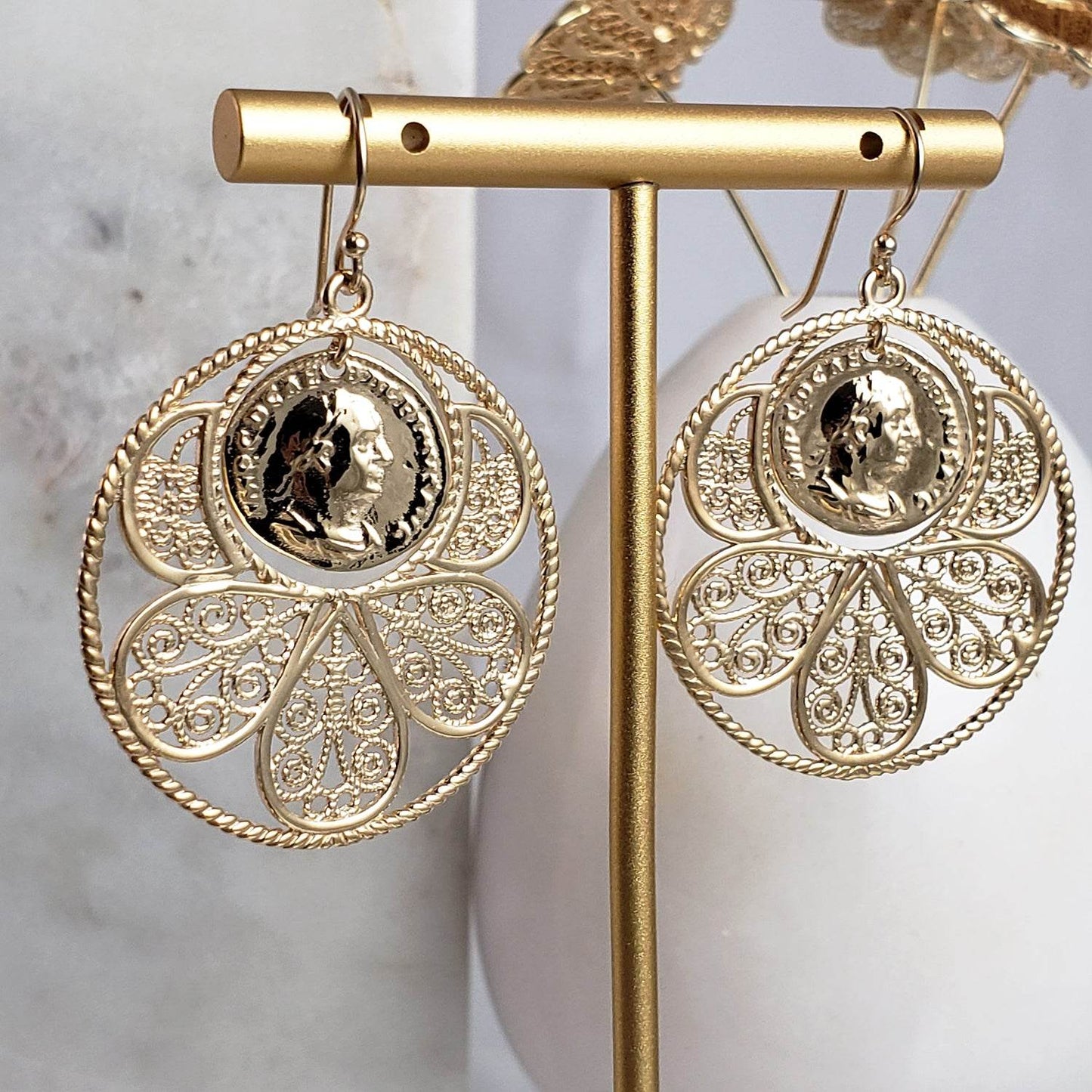 Filigree Coin Medallion Dangle Earrings with Petal Frame - TurkishBling
