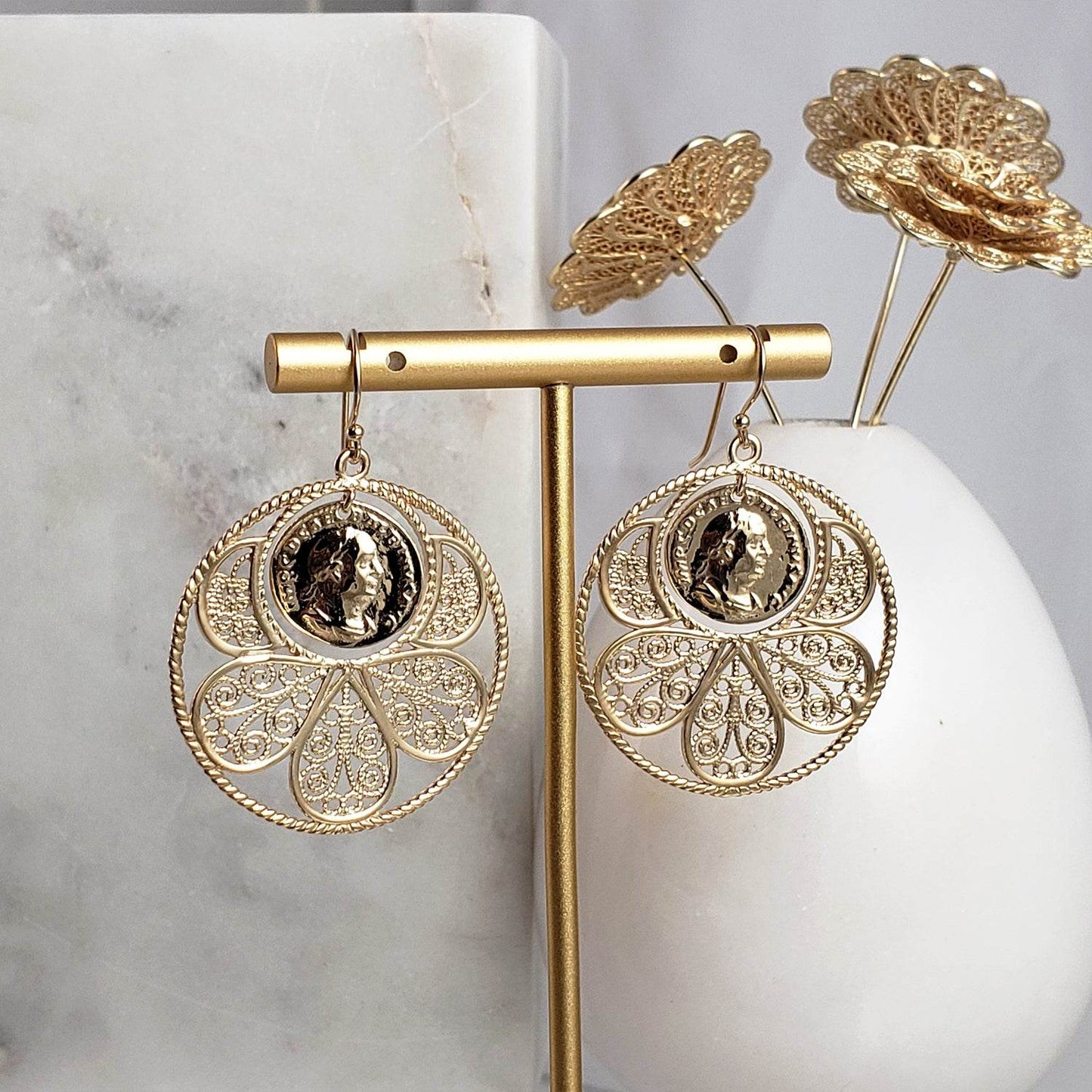 Filigree Coin Medallion Dangle Earrings with Petal Frame - TurkishBling