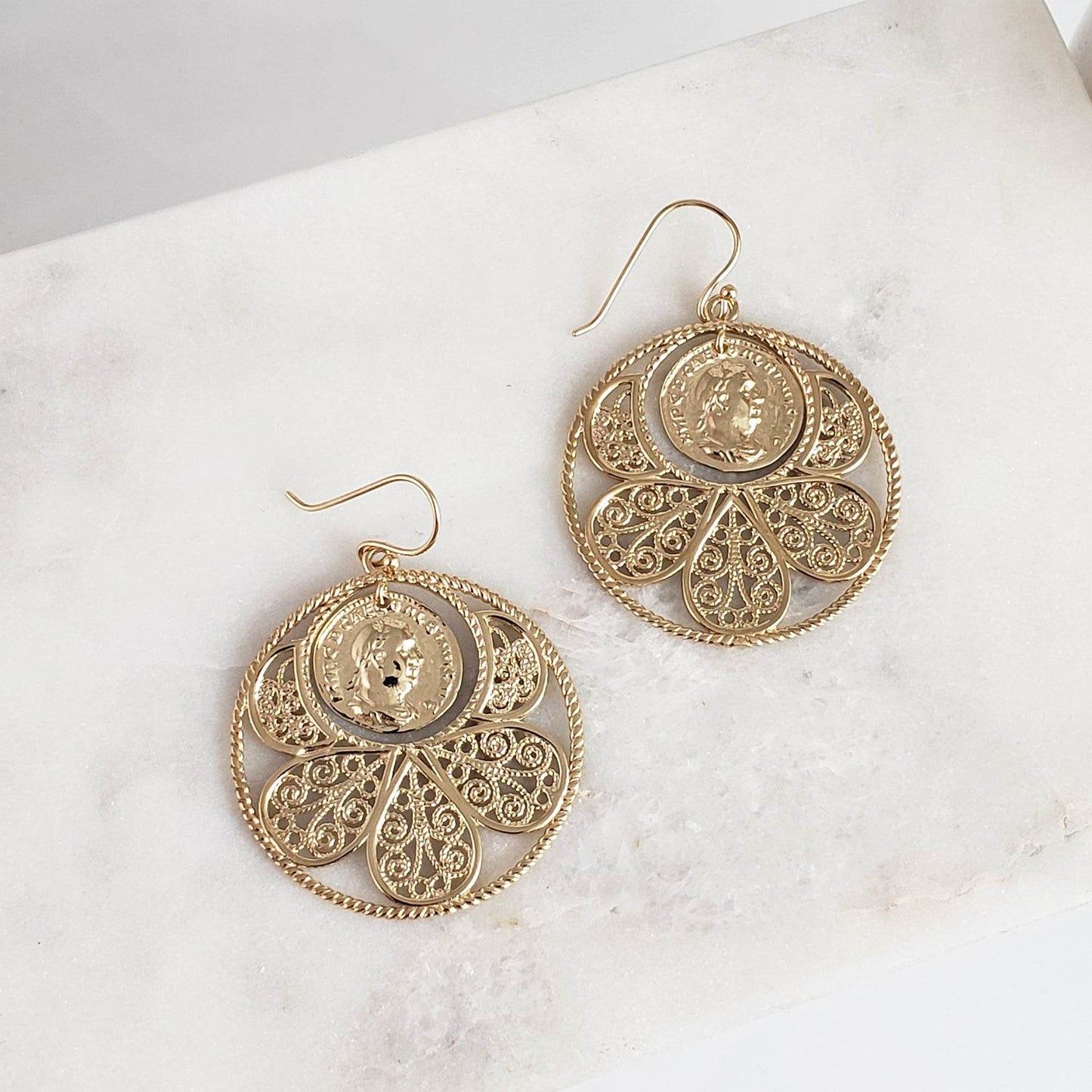 Filigree Coin Medallion Dangle Earrings with Petal Frame - TurkishBling