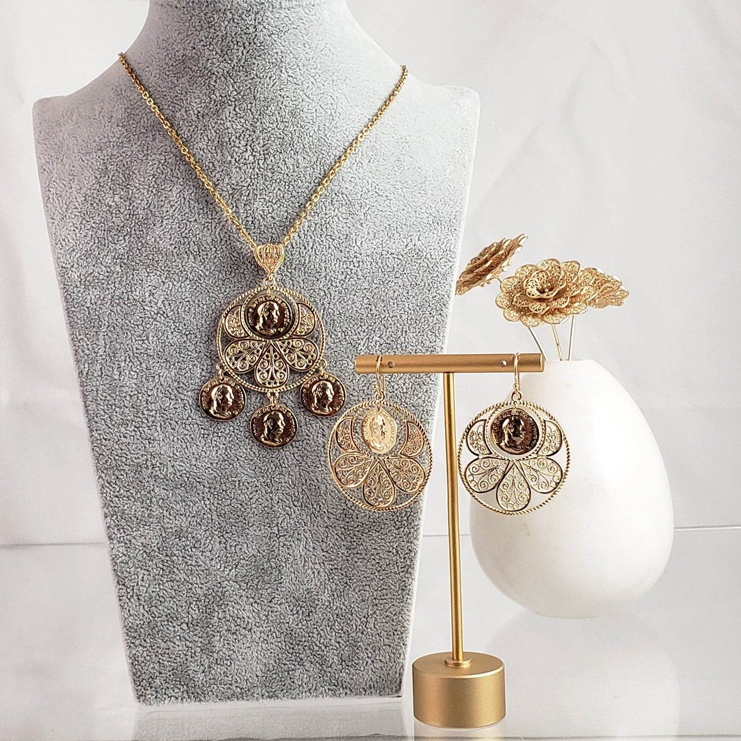 Filigree Coin Medallion Dangle Earrings with Petal Frame - TurkishBling