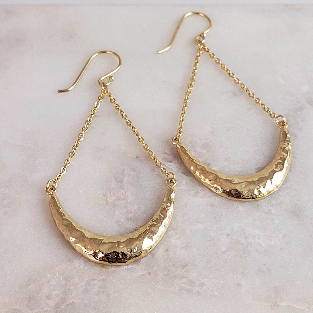 Hammered Crescent Dangle Earrings with Chain Detail - TurkishBling