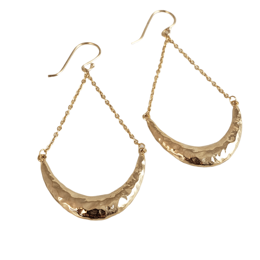 Hammered Crescent Dangle Earrings with Chain Detail - TurkishBling