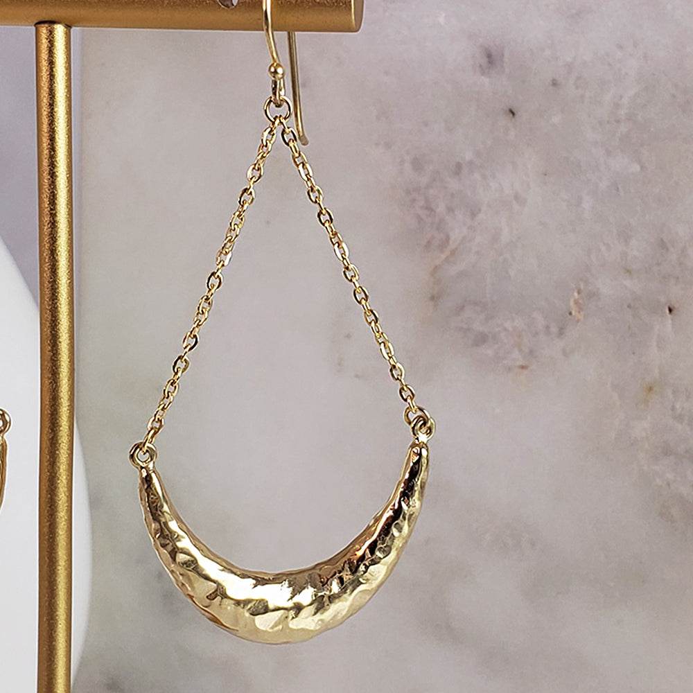 Hammered Crescent Dangle Earrings with Chain Detail - TurkishBling
