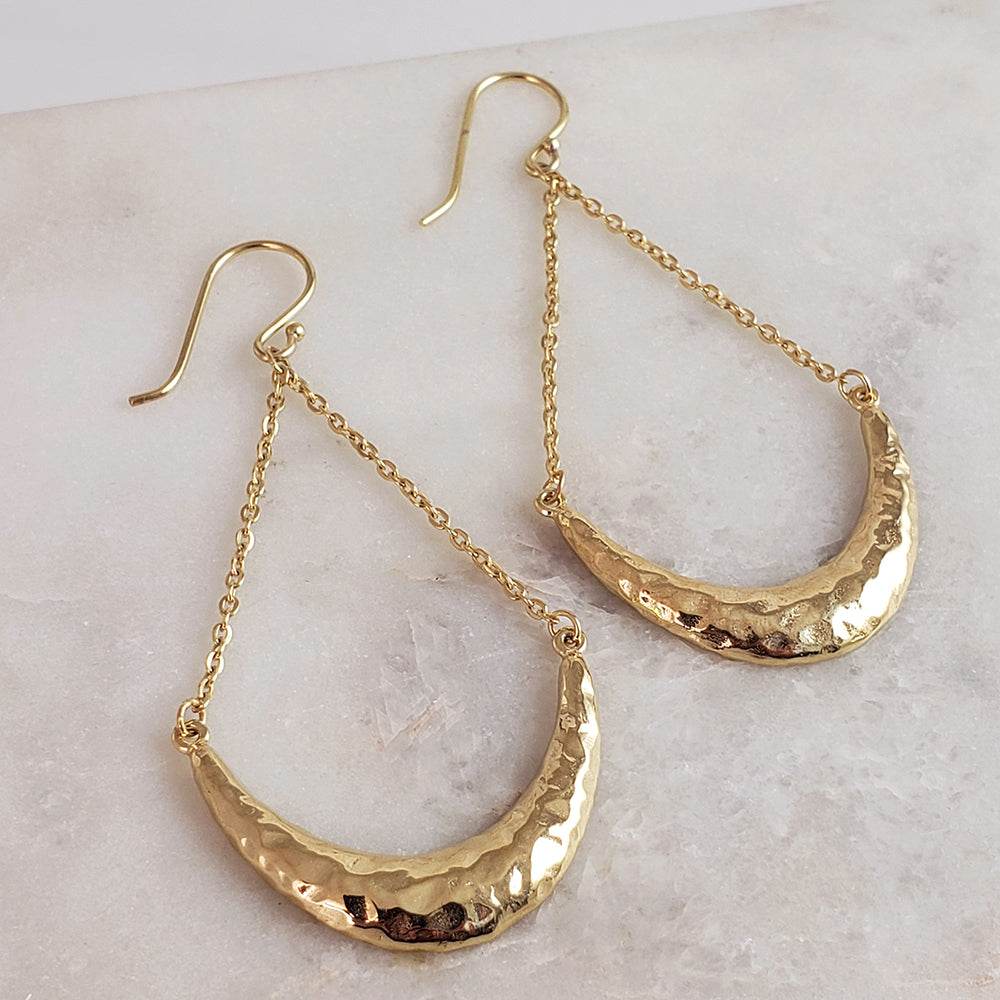 Hammered Crescent Dangle Earrings with Chain Detail - TurkishBling