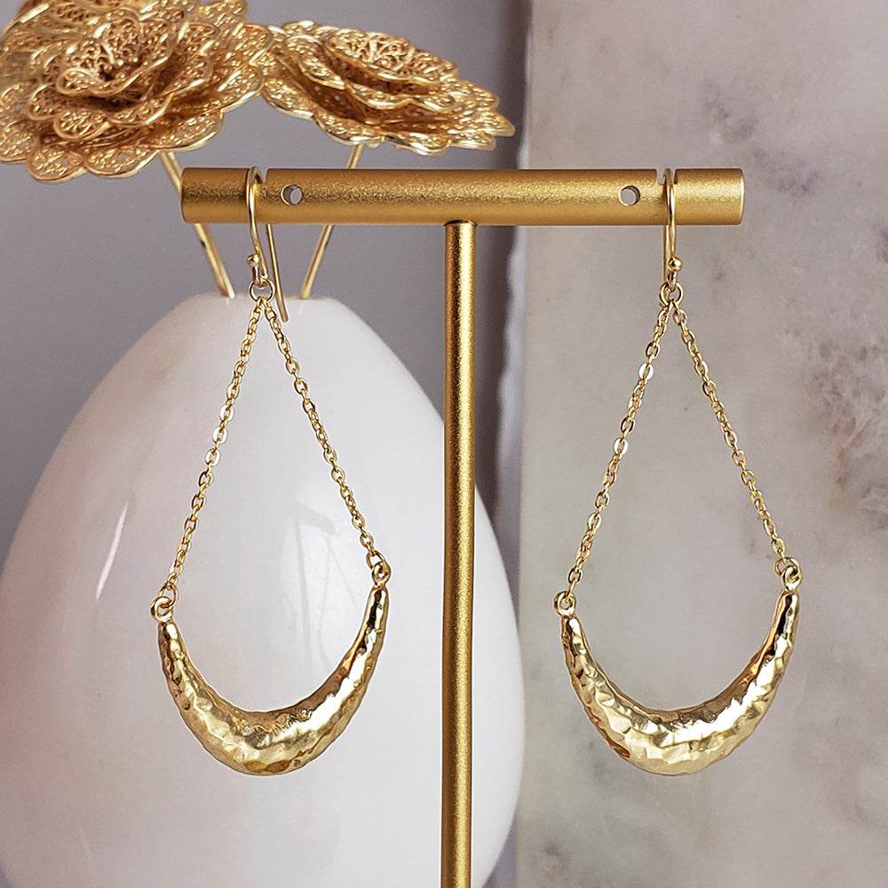 Hammered Crescent Dangle Earrings with Chain Detail - TurkishBling