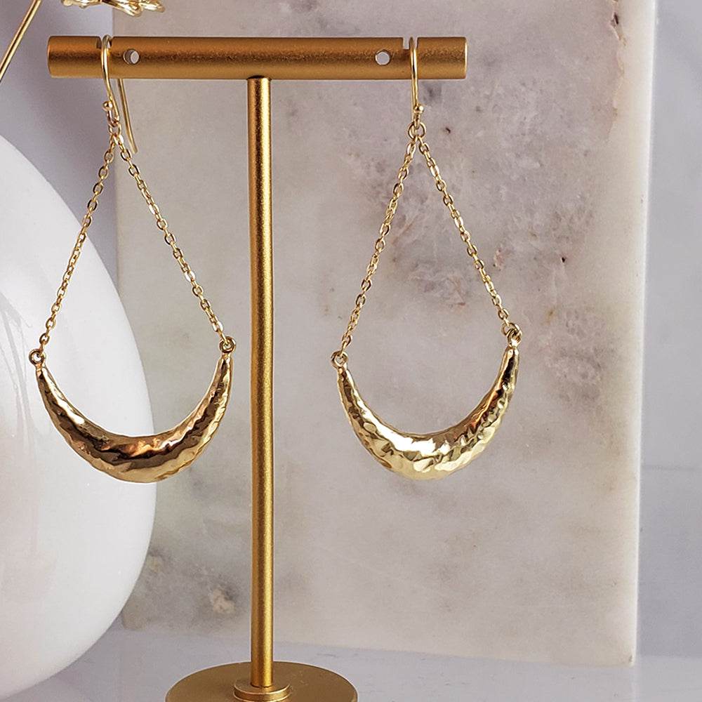 Hammered Crescent Dangle Earrings with Chain Detail - TurkishBling