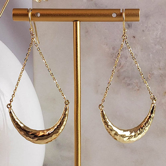 Hammered Crescent Dangle Earrings with Chain Detail - TurkishBling
