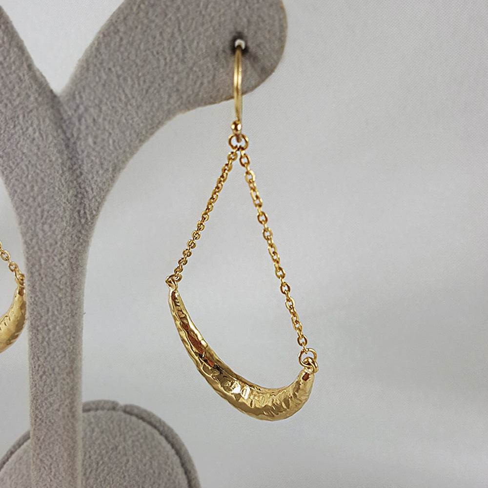 Hammered Crescent Dangle Earrings with Chain Detail - TurkishBling