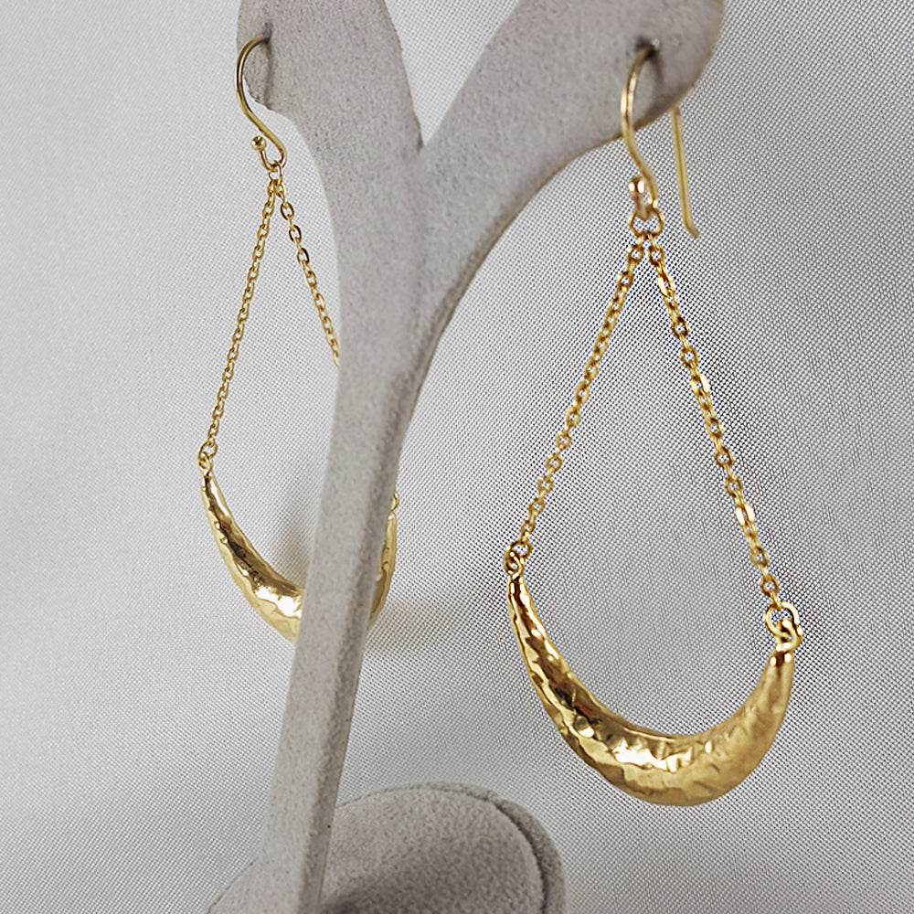 Hammered Crescent Dangle Earrings with Chain Detail - TurkishBling