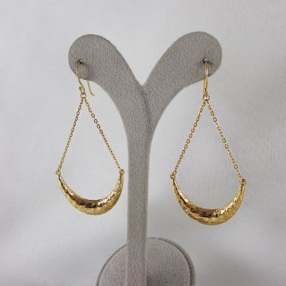 Hammered Crescent Dangle Earrings with Chain Detail - TurkishBling