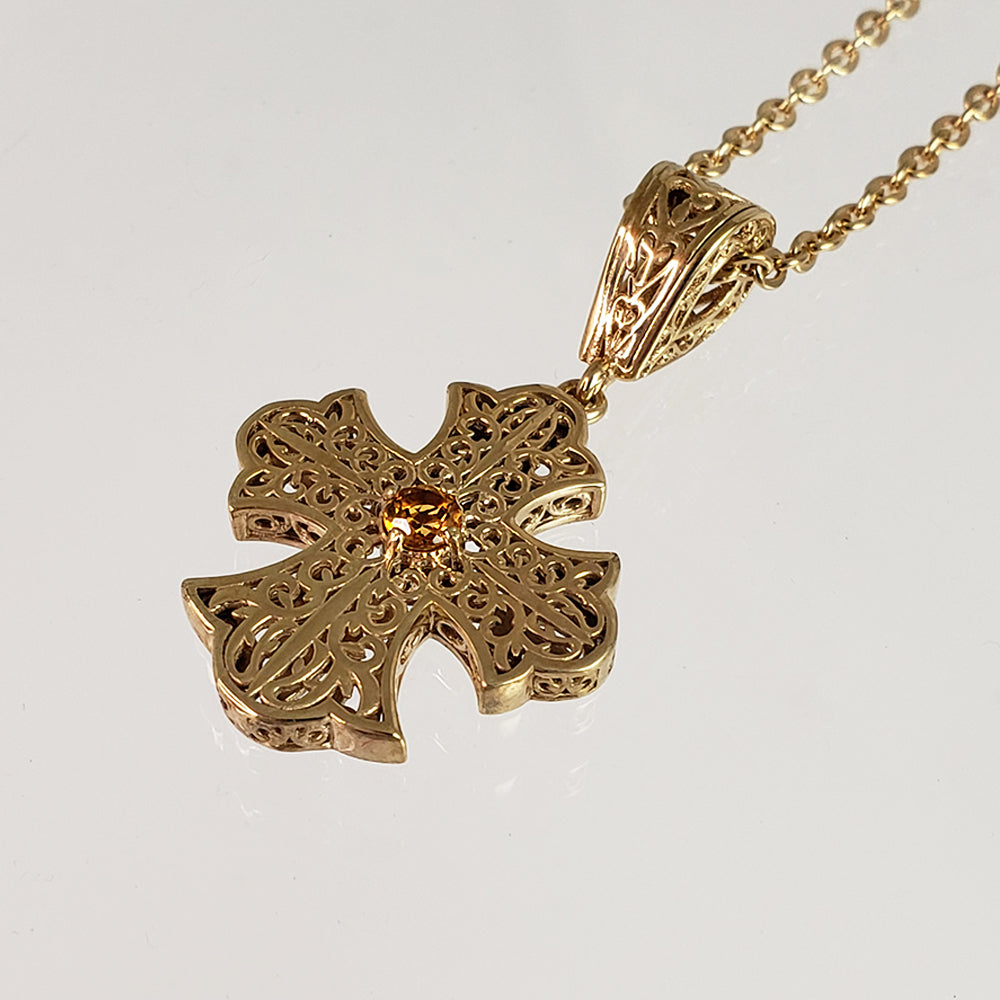 Filigree Cross Pendant Necklace with Gemstone Center
