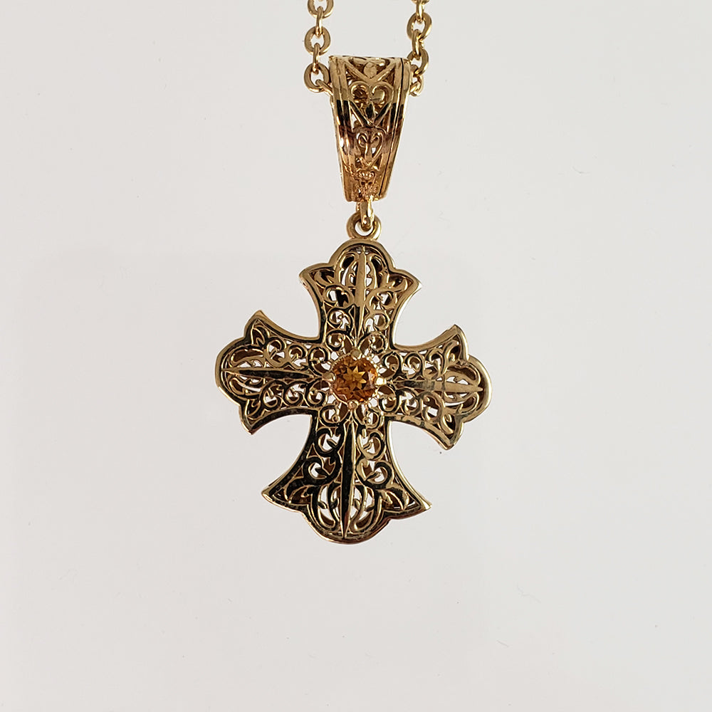 Filigree Cross Pendant Necklace with Gemstone Center