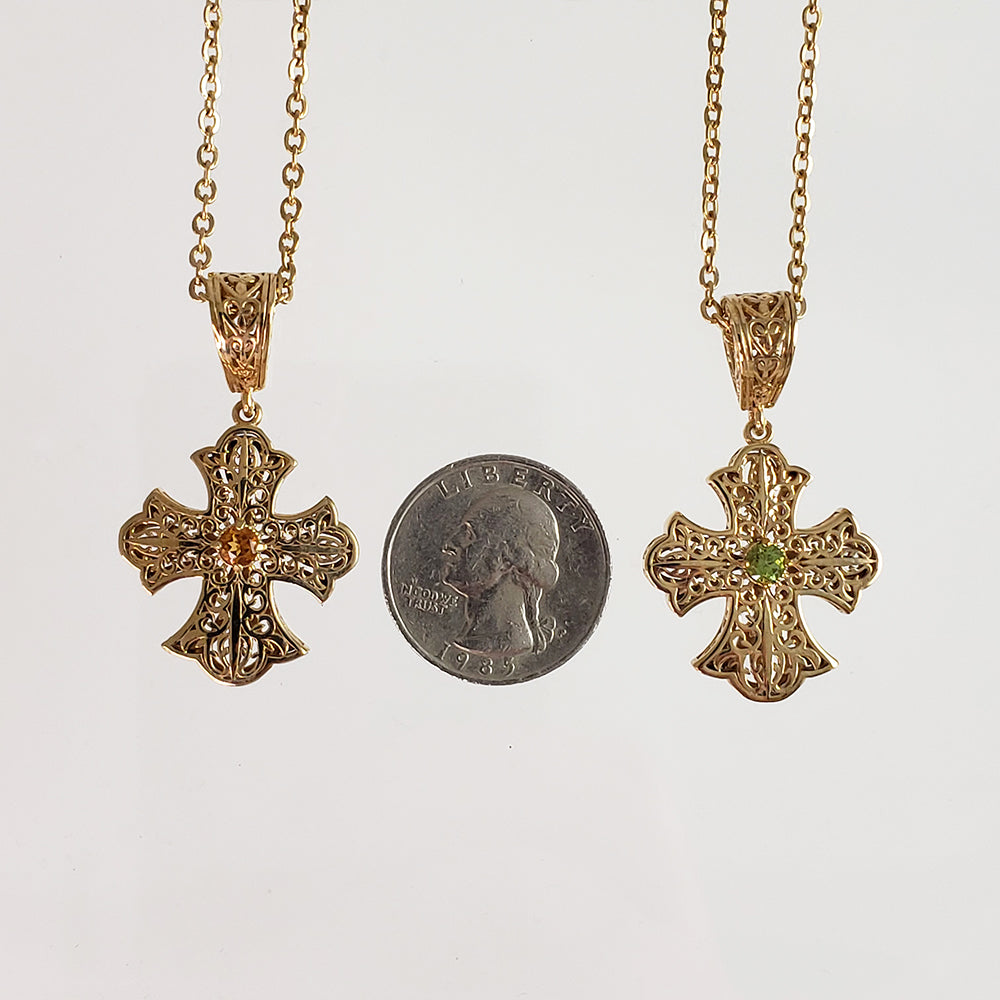 Filigree Cross Pendant Necklace with Gemstone Center
