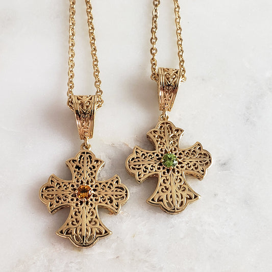 Filigree Cross Pendant Necklace with Gemstone Center