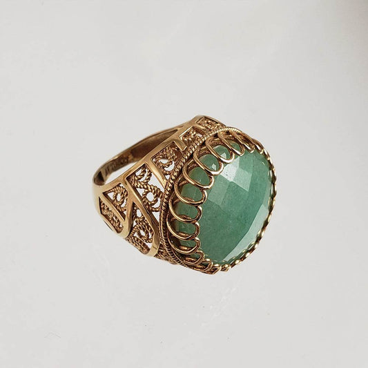 18K Green Aventurine Gemstone Ring Gold Filigree - TurkishBling